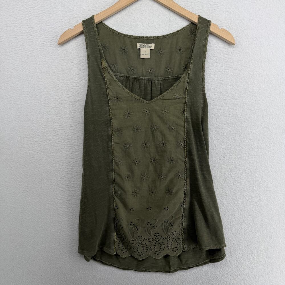LUCKY BRAND Tank Top Womens S Floral Eyelet Mixed Slub Jersey V-Neck Army Green